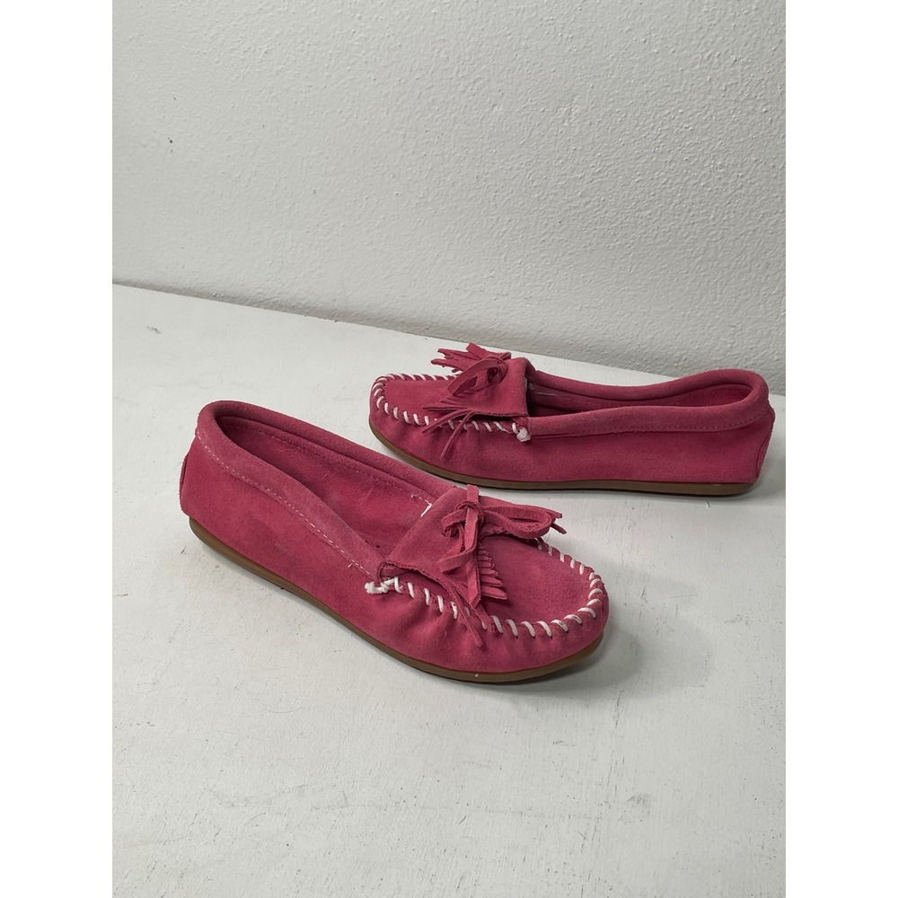 Minnetonka Pink Suede Moccasins Women 6.5 Fringed Kiltie Loafers Tribal Bohemian